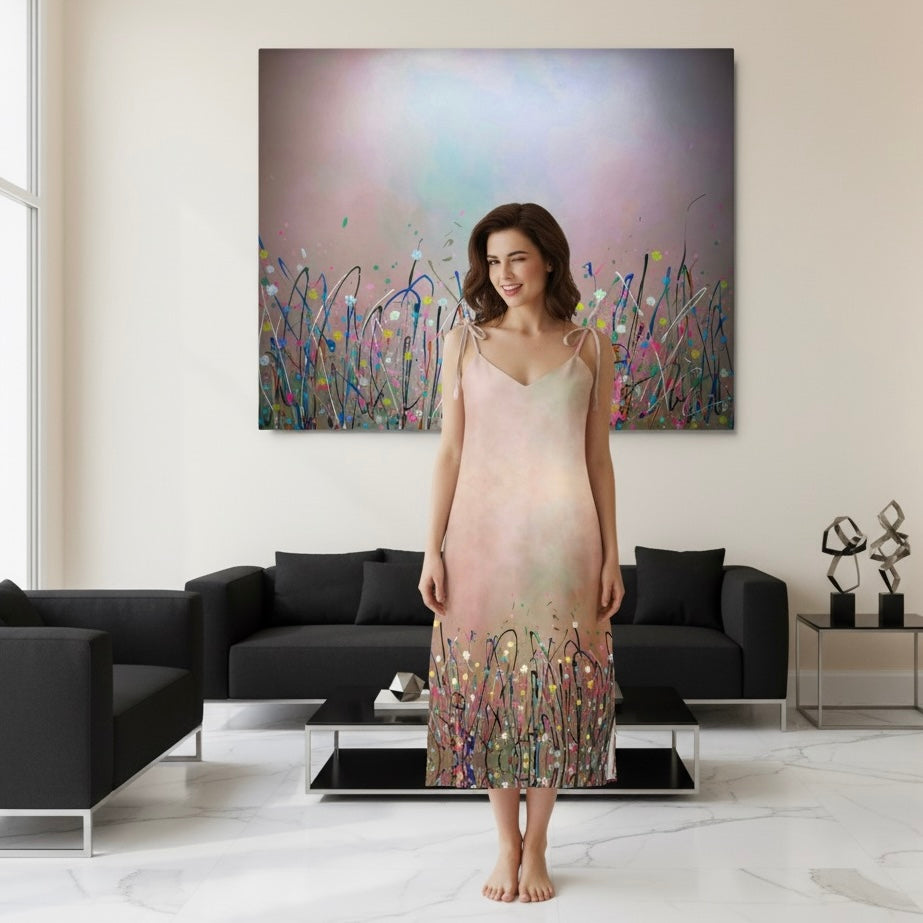 Woman in a dress standing in a modern living room with abstract art on the wall.