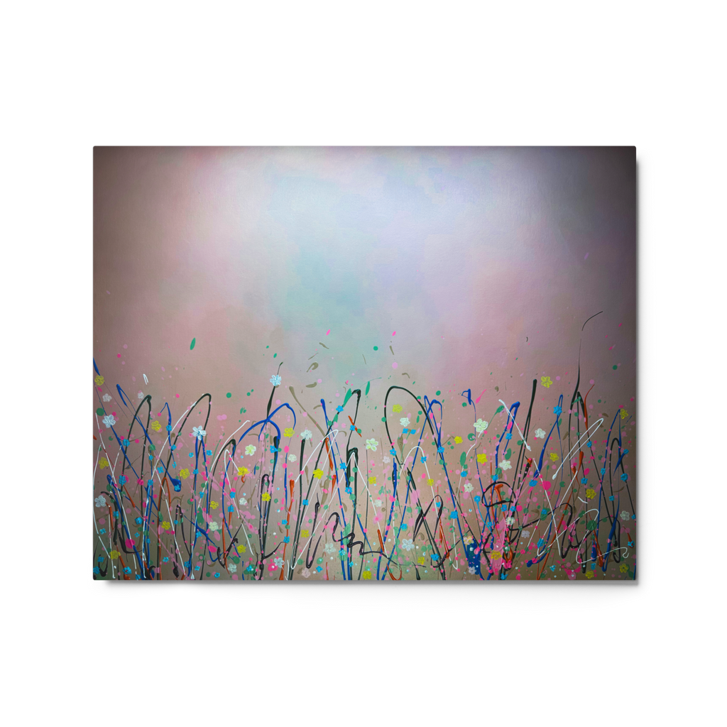 Abstract artwork with colorful splattered brush strokes and flowers on a rainbow gradient background