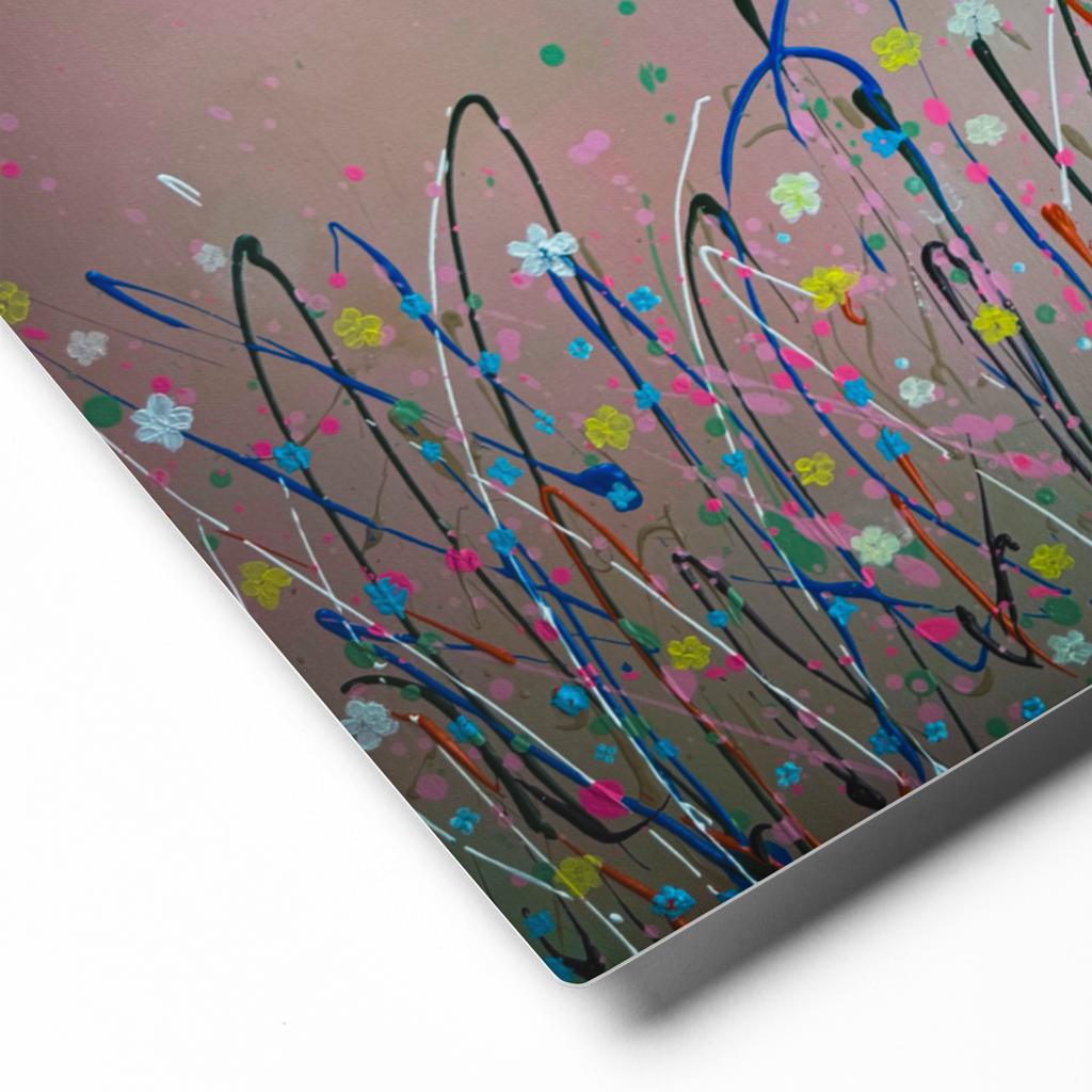 Abstract art print with colorful brush strokes and flowers on a gradient background