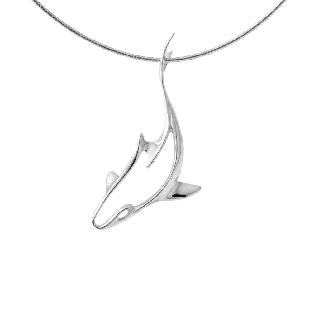 Silver necklace with a modern shark-shaped pendant