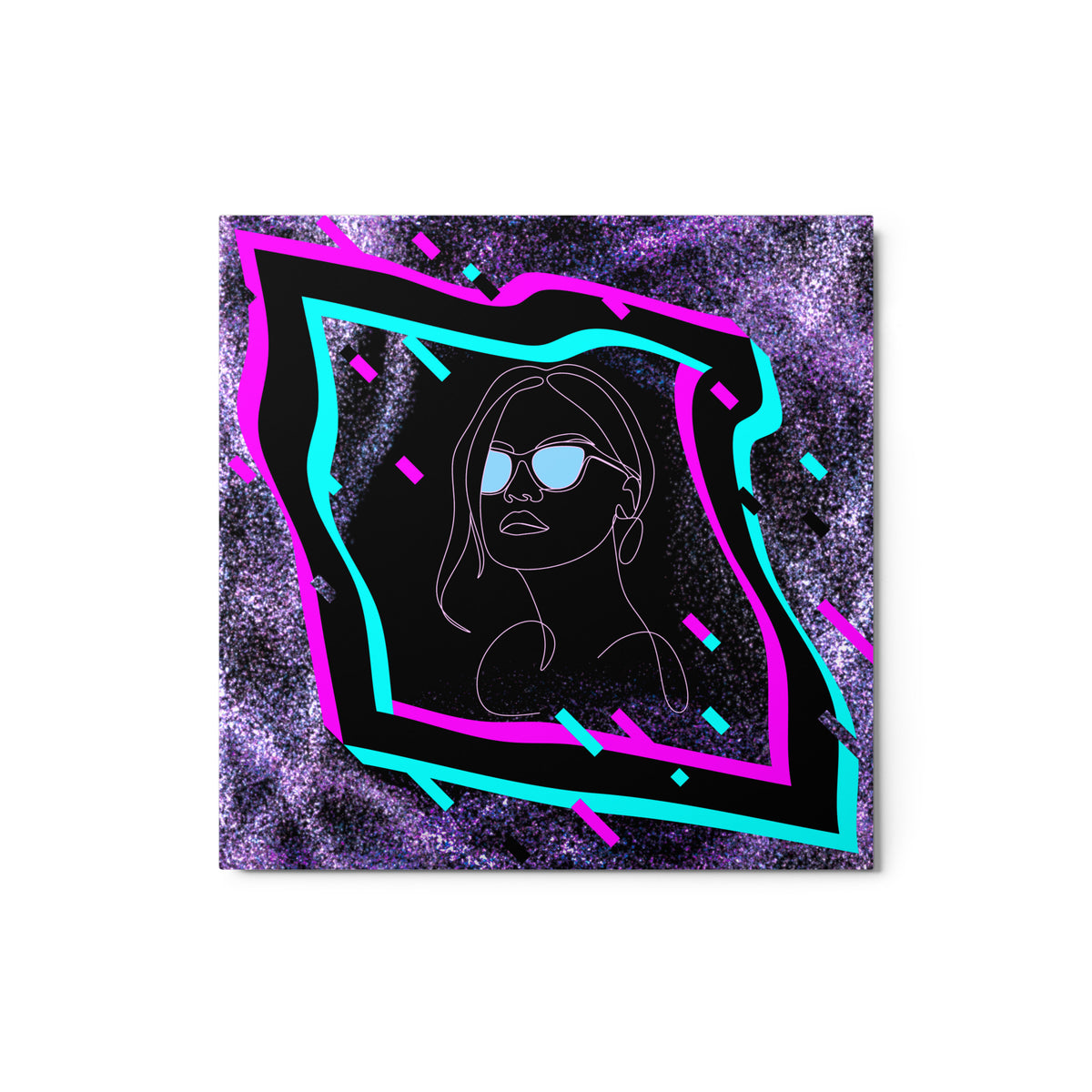 A square art print or canvas featuring a stylized line drawing of a woman wearing sunglasses, centered within a black diamond-shaped frame outlined in bright pink and cyan. The background is a powder blue and hot pink purple black glittery texture.