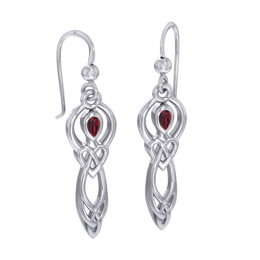 Celtic Knotwork Goddess with Gemstone Silver Earrings Intricate Jewelry Garnet Stone Heart Artistry Wisdom Love Eternity 