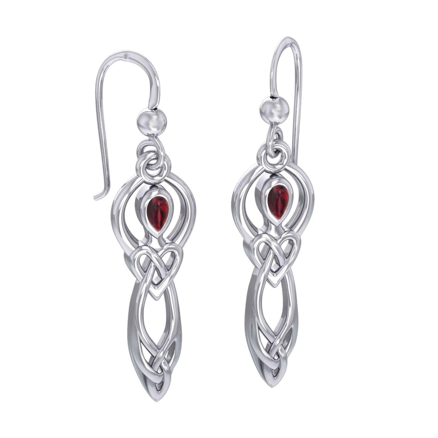 Celtic Knotwork Goddess with Gemstone Silver Earrings Intricate Jewelry Garnet Stone Heart Artistry Wisdom Love Eternity 