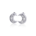 Hollow Celtic Crescent Moon Silver Post Earrings Pair  with intricate Moon Cycle Phase designs