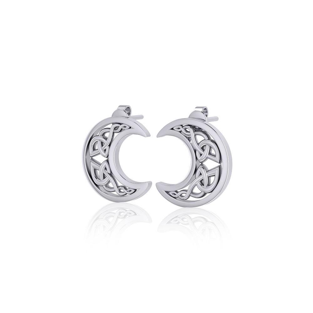Hollow Celtic Crescent Moon Silver Post Earrings Pair  with intricate Moon Cycle Phase designs