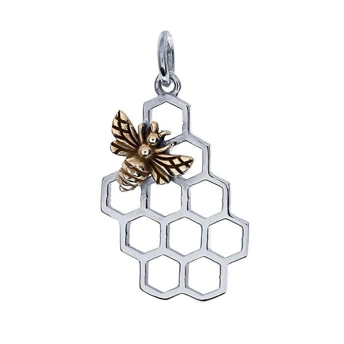 Honeycomb with Bronze Bee .925 Ag Silver Pendant Charm
