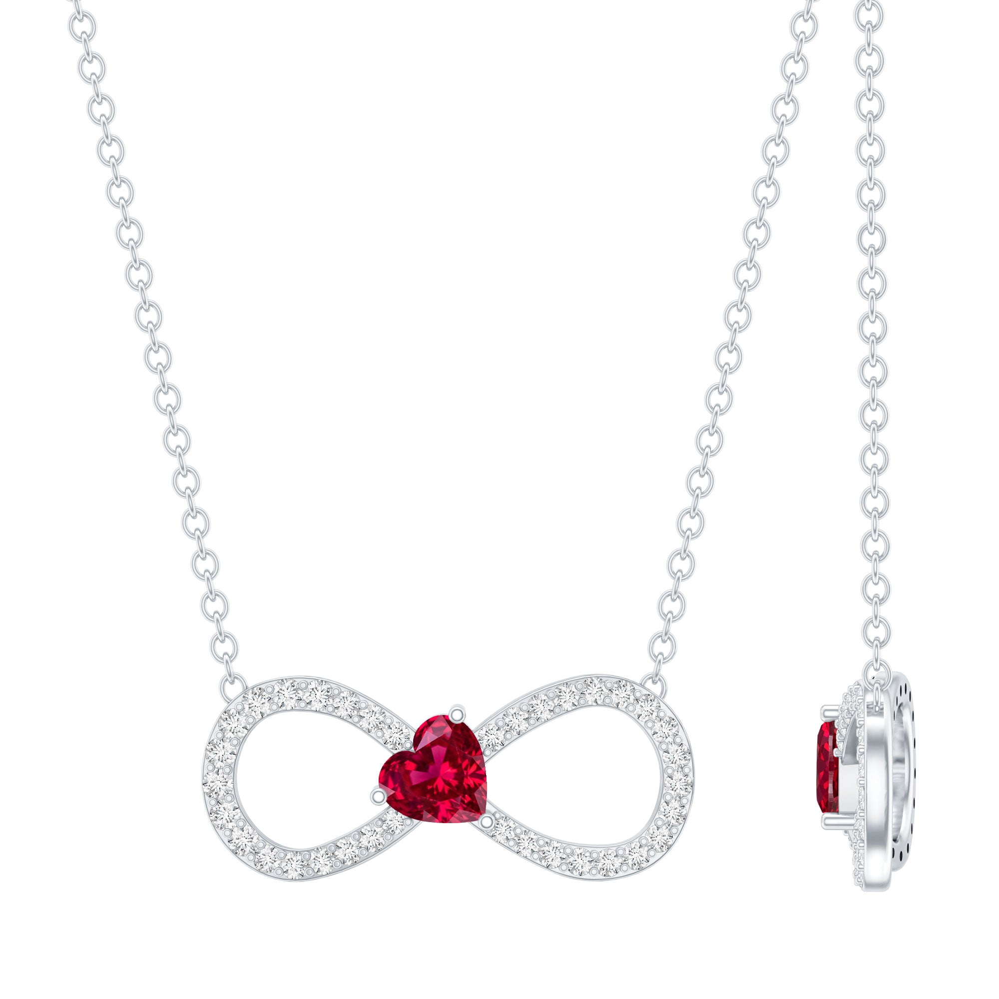 Silver necklace with a red heart-shaped gemstone on a white background