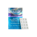 Marée Invisible Collagen & Center Pimple Patches shown with their blue and purple packaging box and four white hydrocolloid patch sheets on a plain white background.