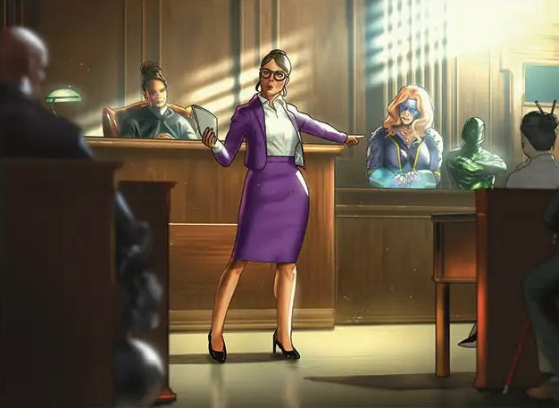 A stylized courtroom scene with a Jennifer Walters Marvel Fictional Character woman in a purple blazer and skirt standing at the center, gesturing toward a witness stand where two masked hero vigilantes sit. Other courtroom figures and wooden furniture are visible, with warm sunlight streaming through the background.