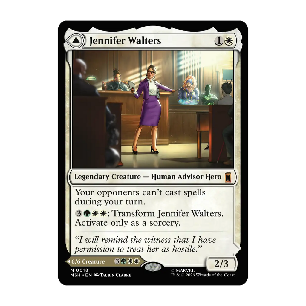 A single trading card featuring Jennifer Walters from Magic: The Gathering Marvel Superheroes shown against a plain white background. The card has a black border, cream text boxes, and artwork depicting Jennifer Walters in a purple dress standing in an courtroom.