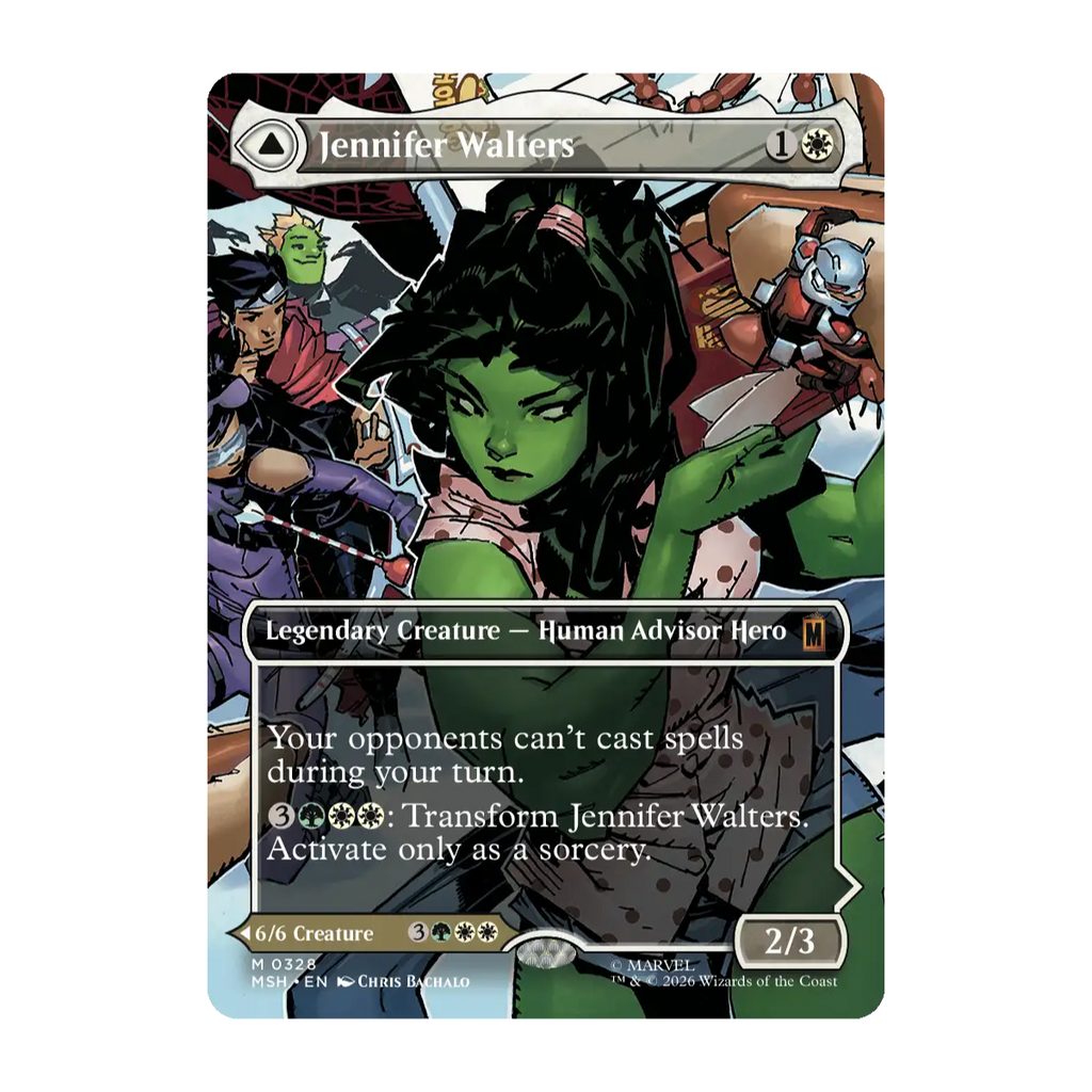 A collectible trading card featuring Jennifer Walters from Marvel, with illustrated artwork of her in a lab setting and card text detailing her abilities.
