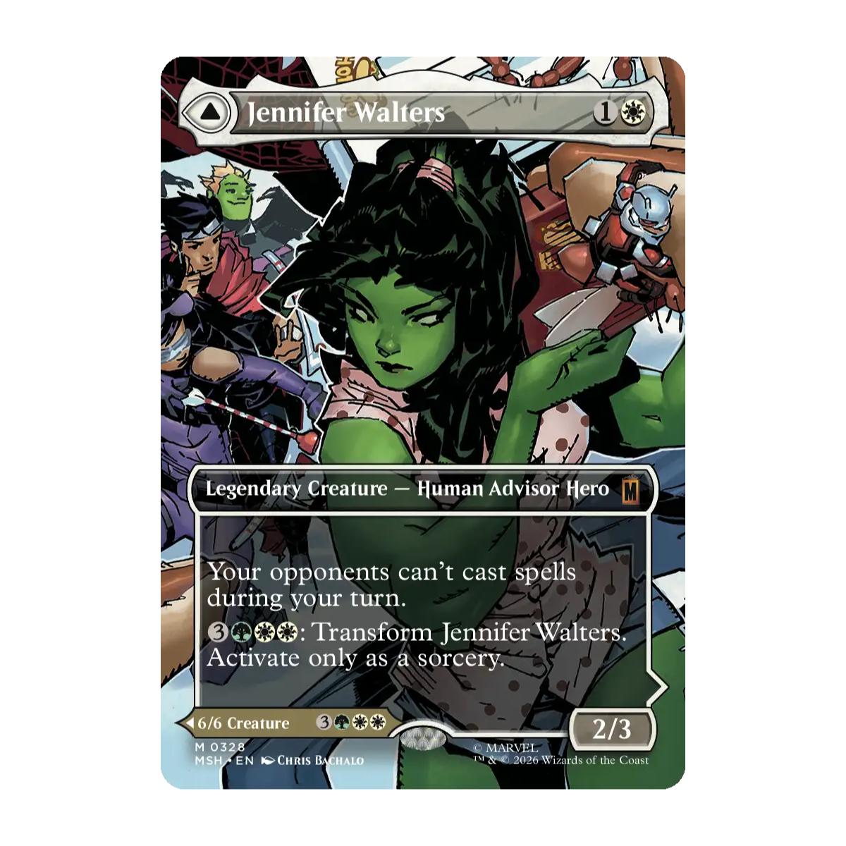 A collectible trading card featuring Jennifer Walters from Marvel, with illustrated artwork of her in a lab setting and card text detailing her abilities.