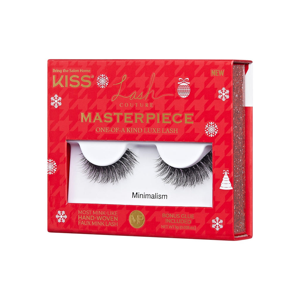 Kiss Culture Lash Masterpiece Minimalism false eyelash kit in a red holiday-themed box with a clear window showing the pair of lashes.