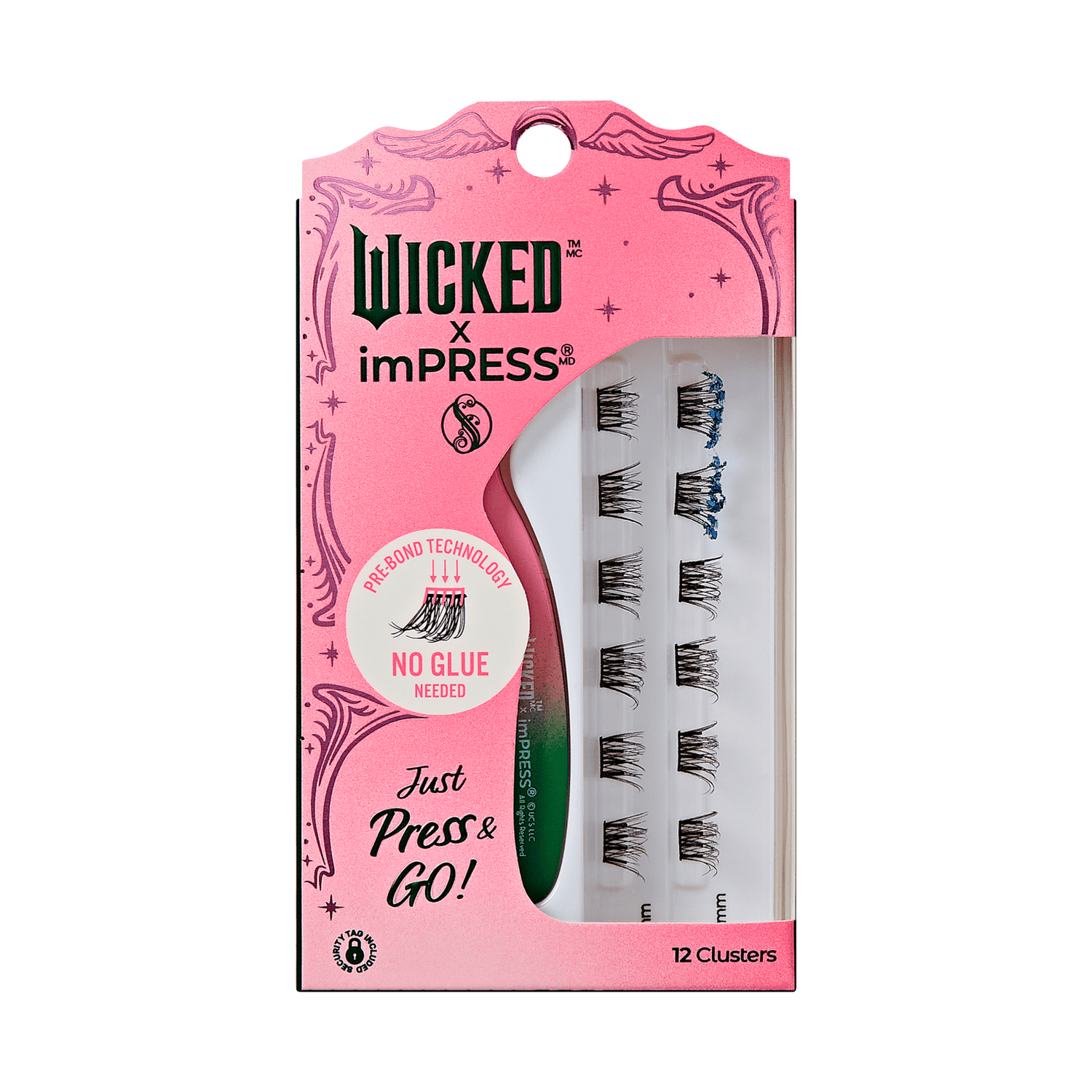 Wicked x imPRESS false eyelash cluster pack in pink packaging, containing 12 clusters of black lashes with small blue and silver decorative accents.