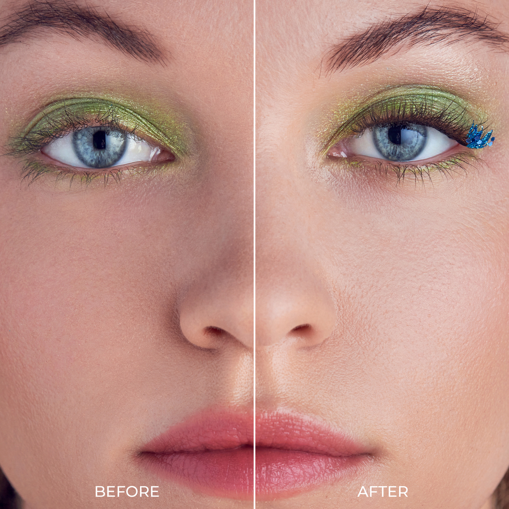 Close-up split-screen comparison of a woman's face labeled BEFORE and AFTER, showing green eyeshadow applied on the left and a small blue flower-shaped eyelash sticker applied on the right.