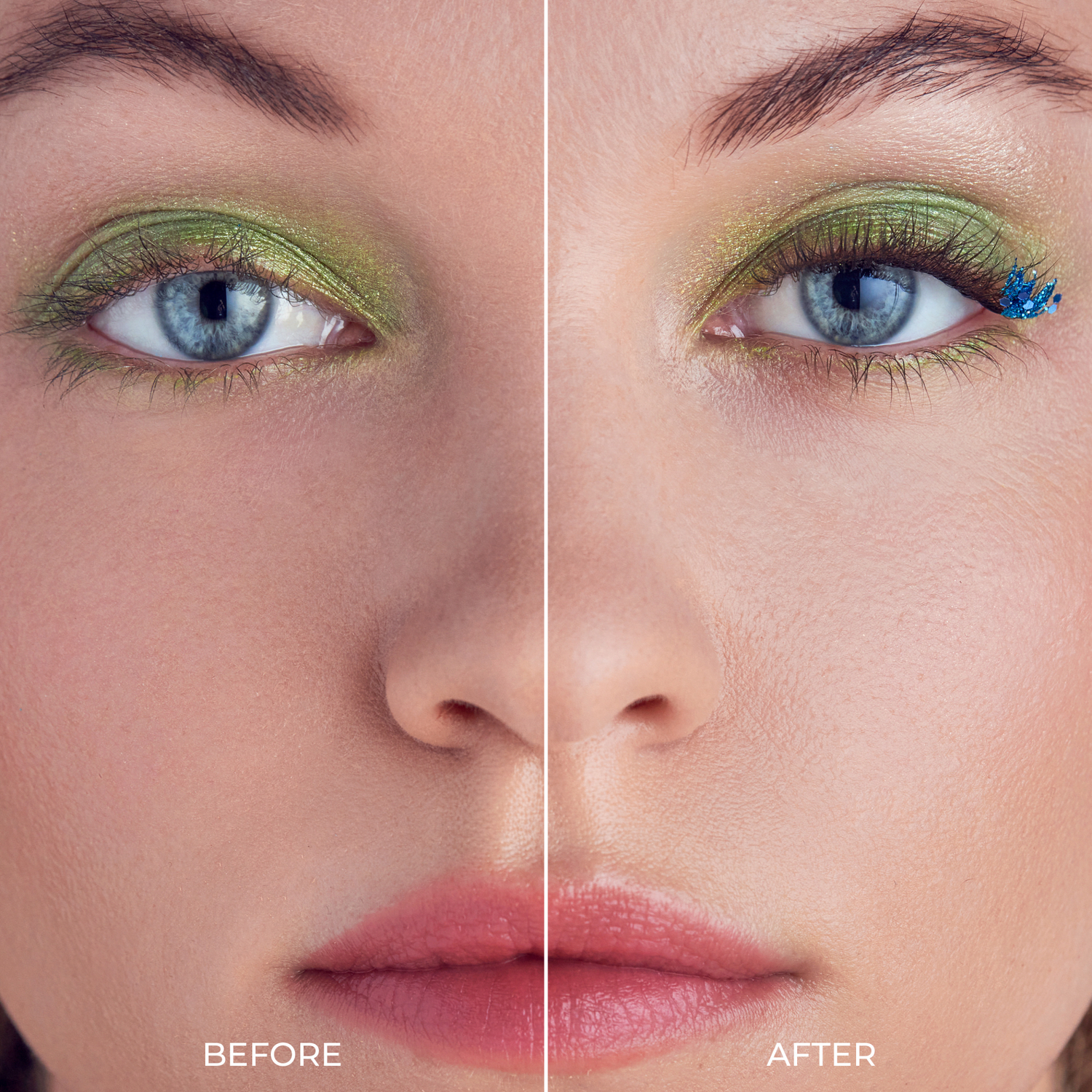 Close-up split-screen comparison of a woman's face labeled BEFORE and AFTER, showing green eyeshadow applied on the left and a small blue flower-shaped eyelash sticker applied on the right.
