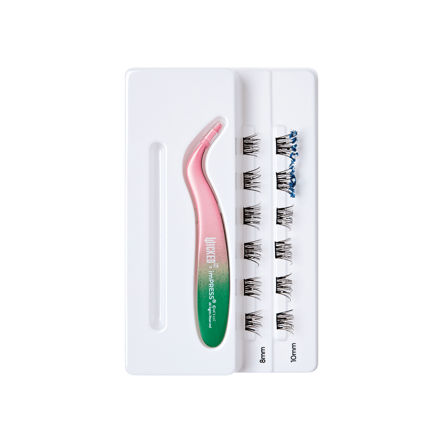 A false eyelash kit in a white plastic tray, featuring a pink-to-green gradient tweezer and multiple pairs of black lashes in two sizes, 8mm and 10mm.