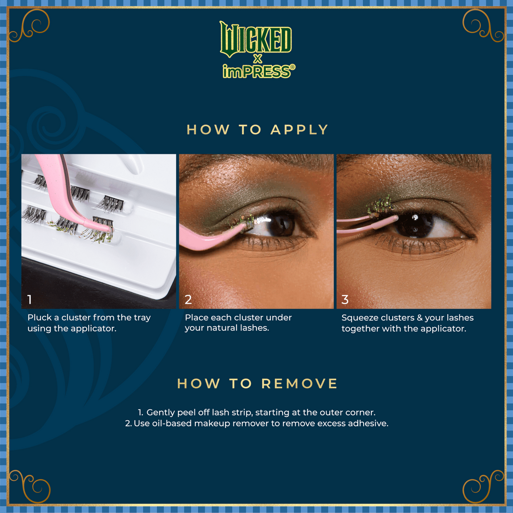 Wicked impress eyelash application guide with step-by-step instructions on a blue background.