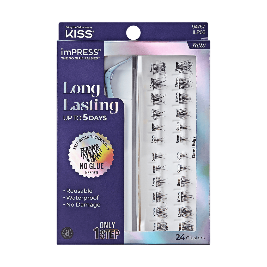 Kiss Impress Long Lasting Up to 5 Days false eyelash cluster pack, featuring 24 clusters in a purple and iridescent packaging.