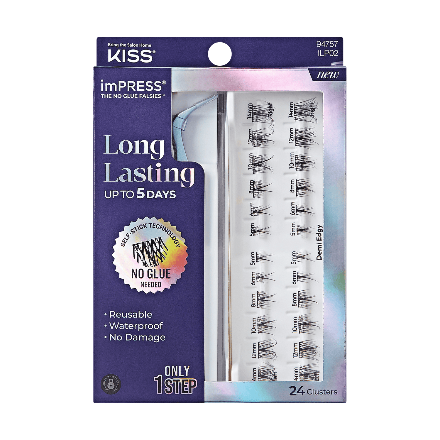 Kiss Impress Long Lasting Up to 5 Days false eyelash cluster pack, featuring 24 clusters in a purple and iridescent packaging.