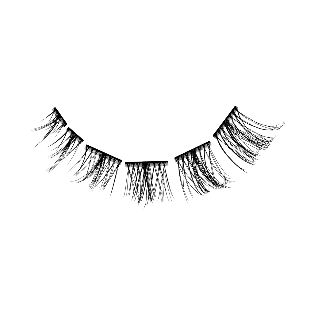 Black false eyelashes with a curved, multi-piece design on a solid white background.