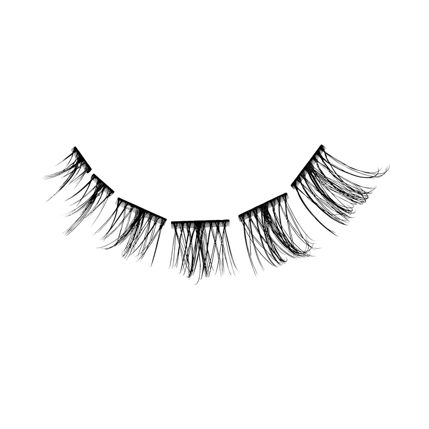 Black false eyelashes with a curved, multi-piece design on a solid white background.