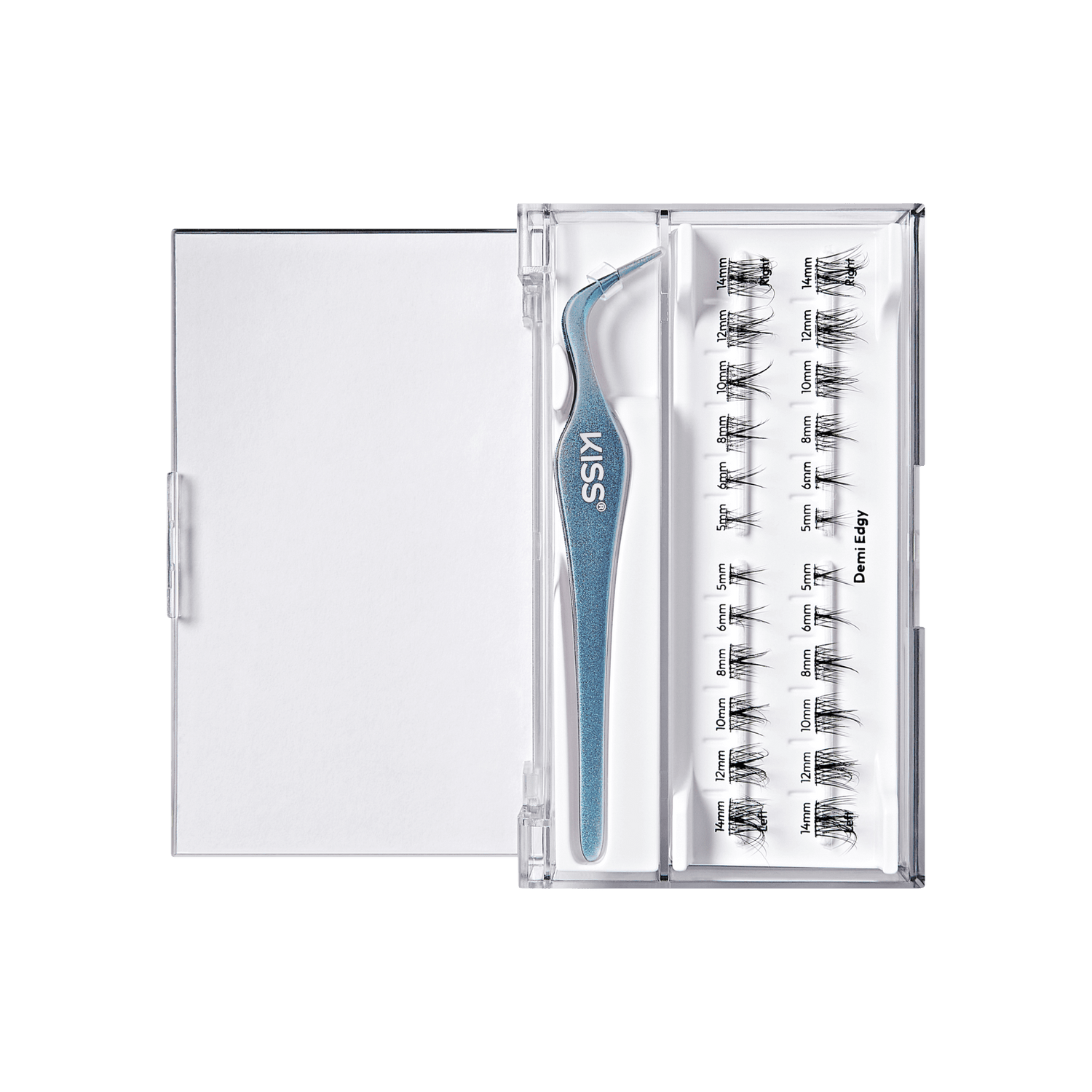 A clear plastic lash kit with a blue glittery KISS brand tweezzer and a tray of black false eyelash clusters on a white background.