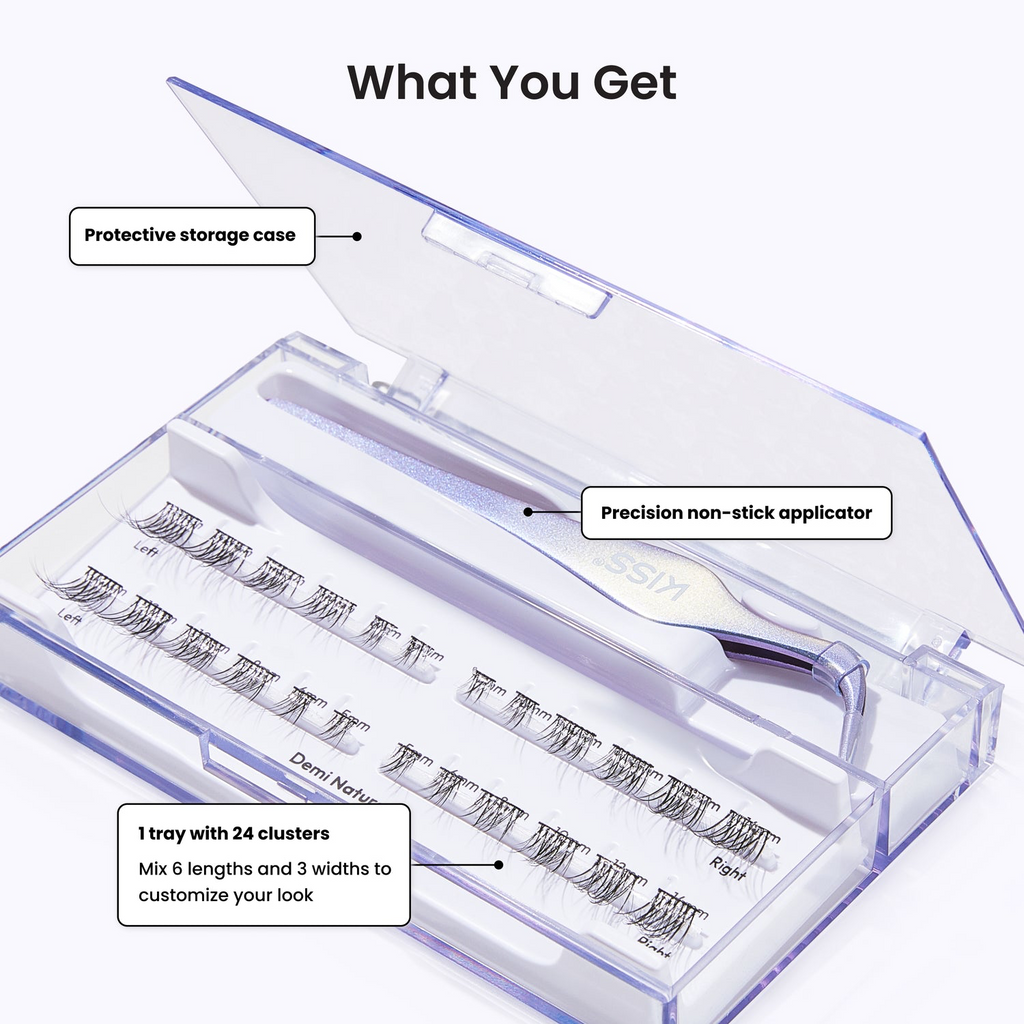 A clear plastic case containing false eyelash clusters, labeled 'What You Get' with callout boxes pointing to the protective storage case, precision non-stick applicator, and one tray with 24 clusters.