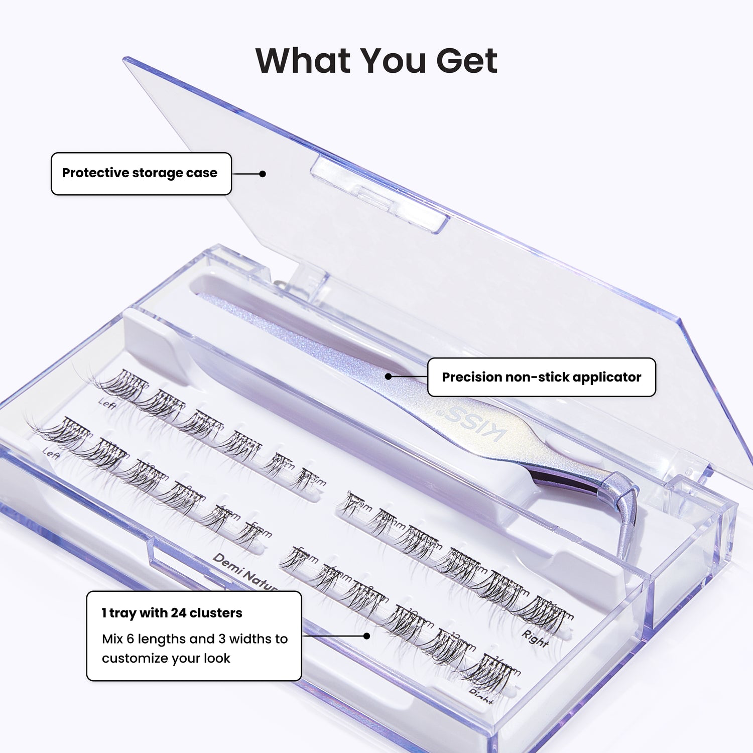 A clear plastic case containing false eyelash clusters, labeled 'What You Get' with callout boxes pointing to the protective storage case, precision non-stick applicator, and one tray with 24 clusters.
