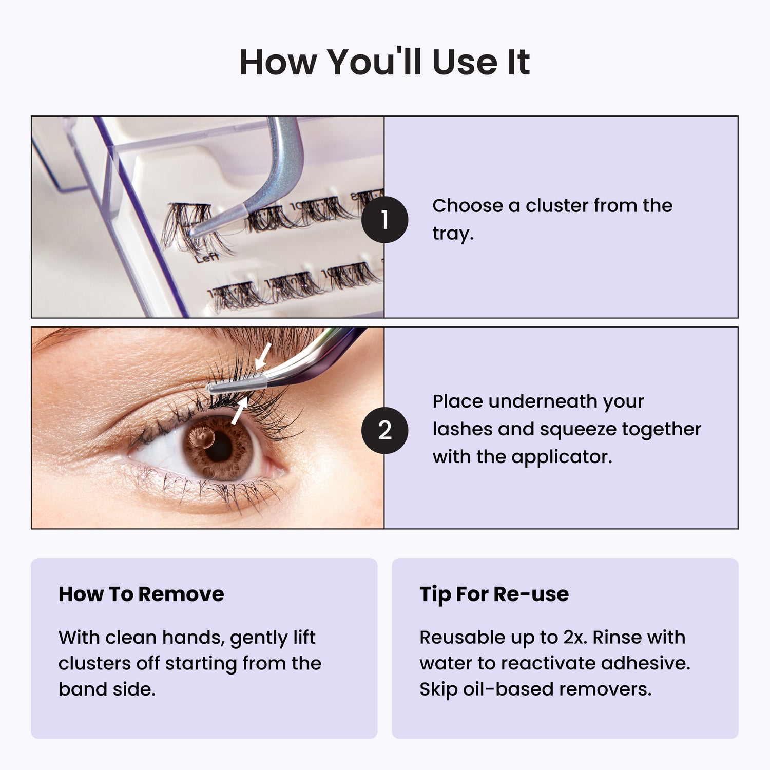 Kiss Impress infographic Instructions on how to use false eyelashes with images and text.