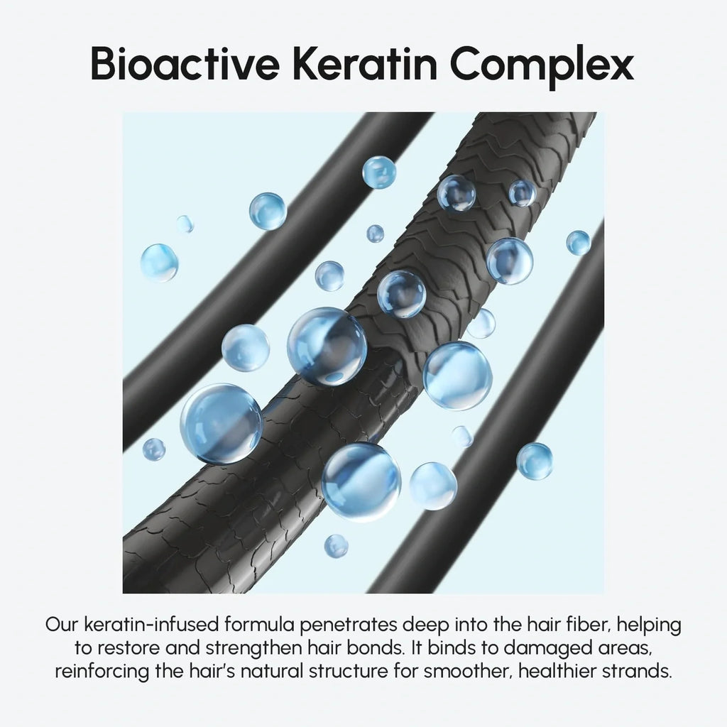 Promotional graphic for Bioactive Keratin Complex featuring a close-up of a damaged black hair fiber with translucent blue water droplets and text explaining how the formula penetrates hair fibers.