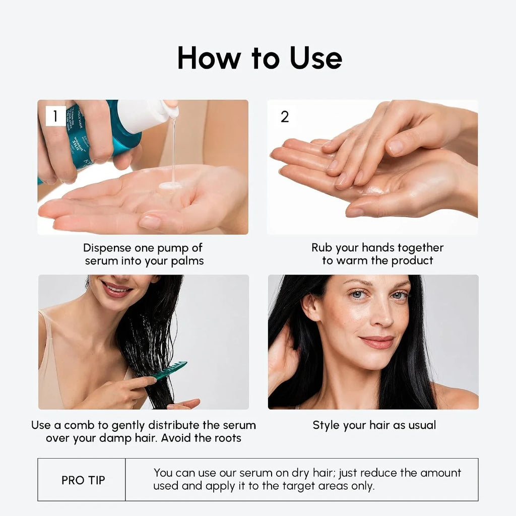 An instructional graphic titled 'How to Use' showing four panels with hands and a woman demonstrating the application of a hair serum: dispensing the product, rubbing it into the palms, combing damp hair, and styled hair. Text labels accompany each step, and a small 'PRO TIP' box appears at the bottom.