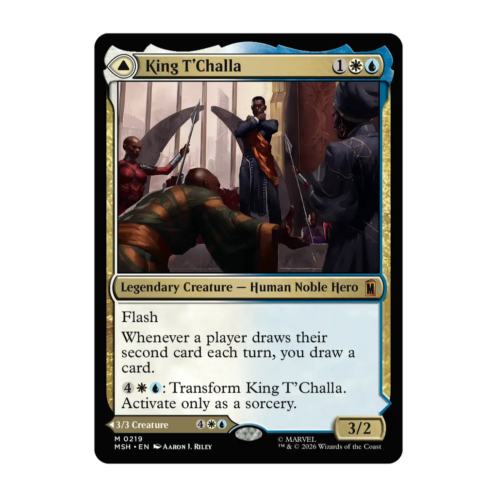 A Magic: The Gathering trading card titled 'King T'Challa' from the Marvel Superheroes expansion, featuring artwork of a royal figure King T’Challa and card text on a black border.
