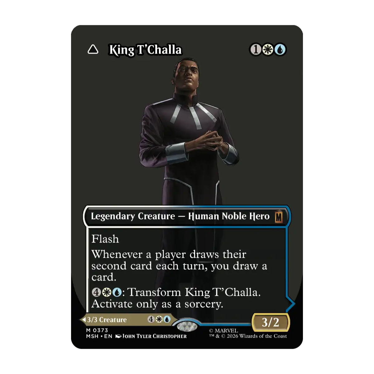 A single fantasy trading card featuring King T'Challa from Magic Gathering Marvel Superheroes, shown against a plain white background. T Challa