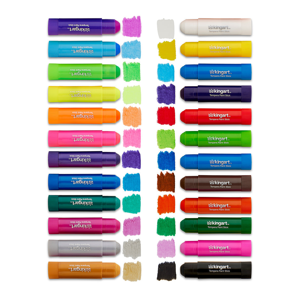 Set of Kingart 24 Colorful Tempera Paint Sticks markers with color swatches