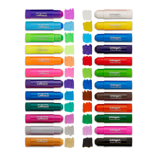 Set of Kingart 24 Colorful Tempera Paint Sticks markers with color swatches