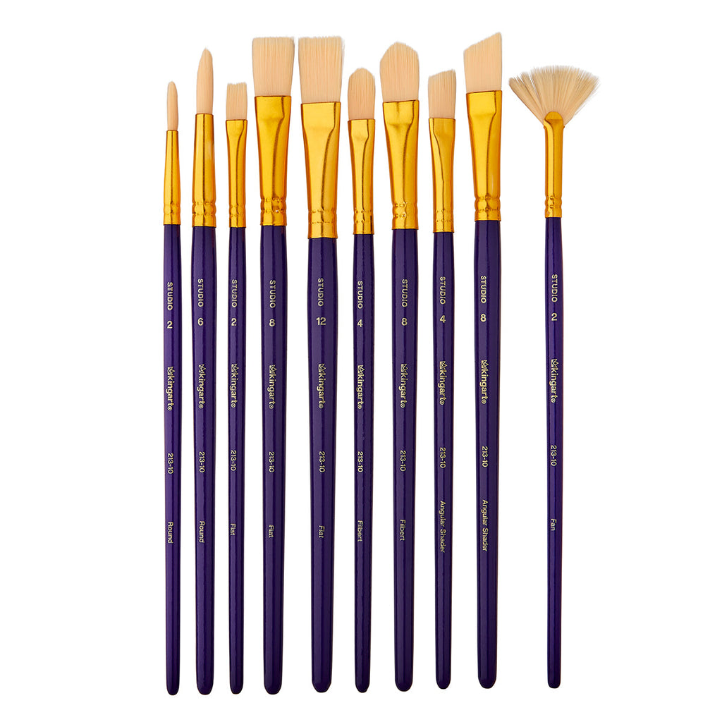 Set of paint brushes with purple handles and gold ferrules on a white background