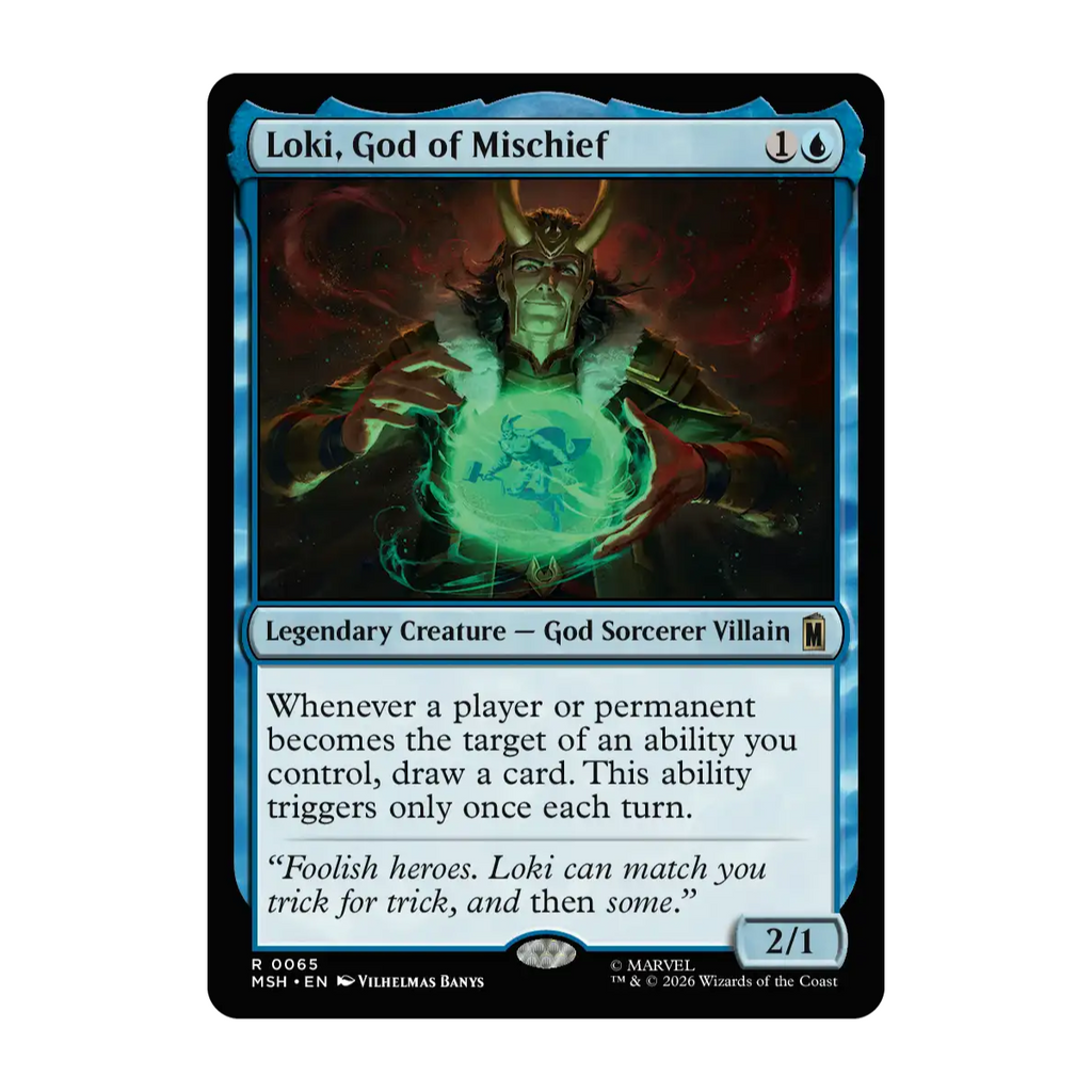 A Magic: The Gathering trading card of 'Loki, God of Mischief' from the Marvel Superheroes set. The card features a blue border, black background, and detailed artwork of Loki with glowing green energy encapsulating a version of Legionnaire wielding Mjölnir.