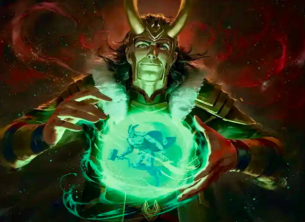 Fantasy artwork of a Norse God Loki of Mischief warrior holding a glowing green magical orb, with red cosmic swirls in the background.