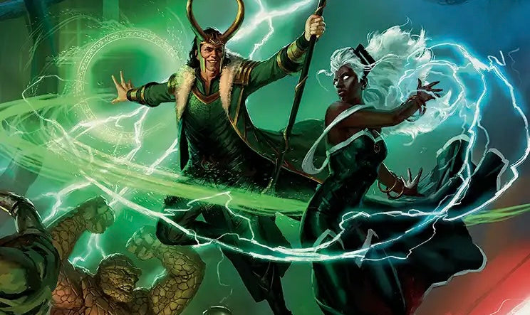 Comic-style artwork showing Loki with a horned helmet and staff casting green energy, alongside a white-haired female character surrounded by blue lightning, with a creature at the lower left.