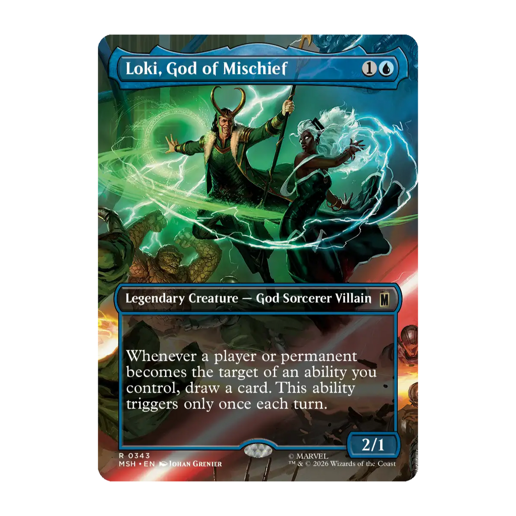 A single Magic: The Gathering trading card for 'Loki, God of Mischief' from the Marvel Superheroes set. The card features a blue header with white text, a black rule text box, and colorful fantasy artwork depicting Loki and a woman with glowing blue energy.