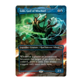 A single Magic: The Gathering trading card for 'Loki, God of Mischief' from the Marvel Superheroes set. The card features a blue header with white text, a black rule text box, and colorful fantasy artwork depicting Loki and a woman with glowing blue energy.