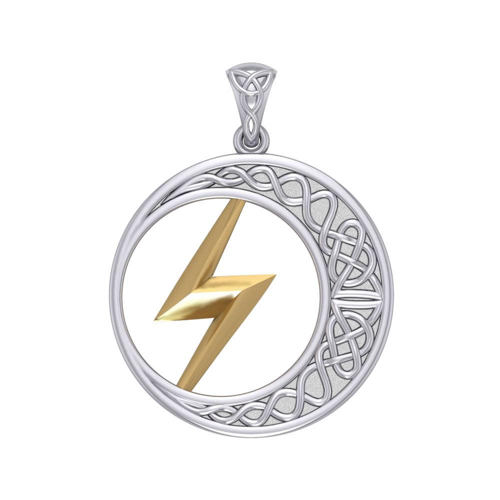 Zeus God Lightning Bolt with Celtic Crescent Moon Silver and 14K Gold Accent Pendant