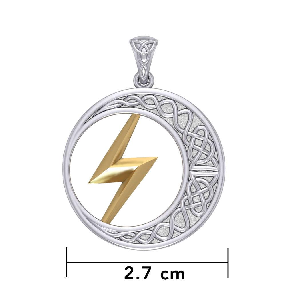 Zeus God Lightning Bolt with Celtic Crescent Moon Silver and 14K Gold Accent Pendant