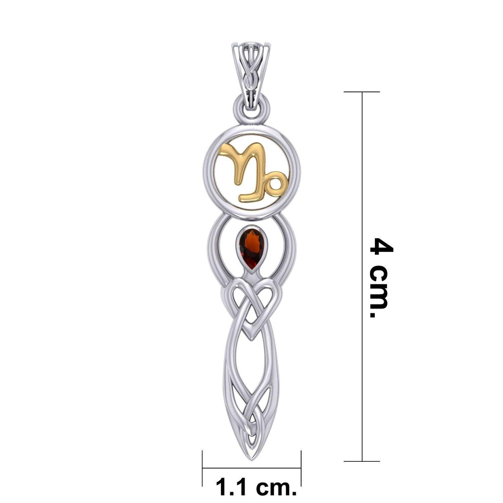 Celtic Goddess Capricorn Astrology Zodiac Sign Silver and Gold Accents Pendant with Garnet