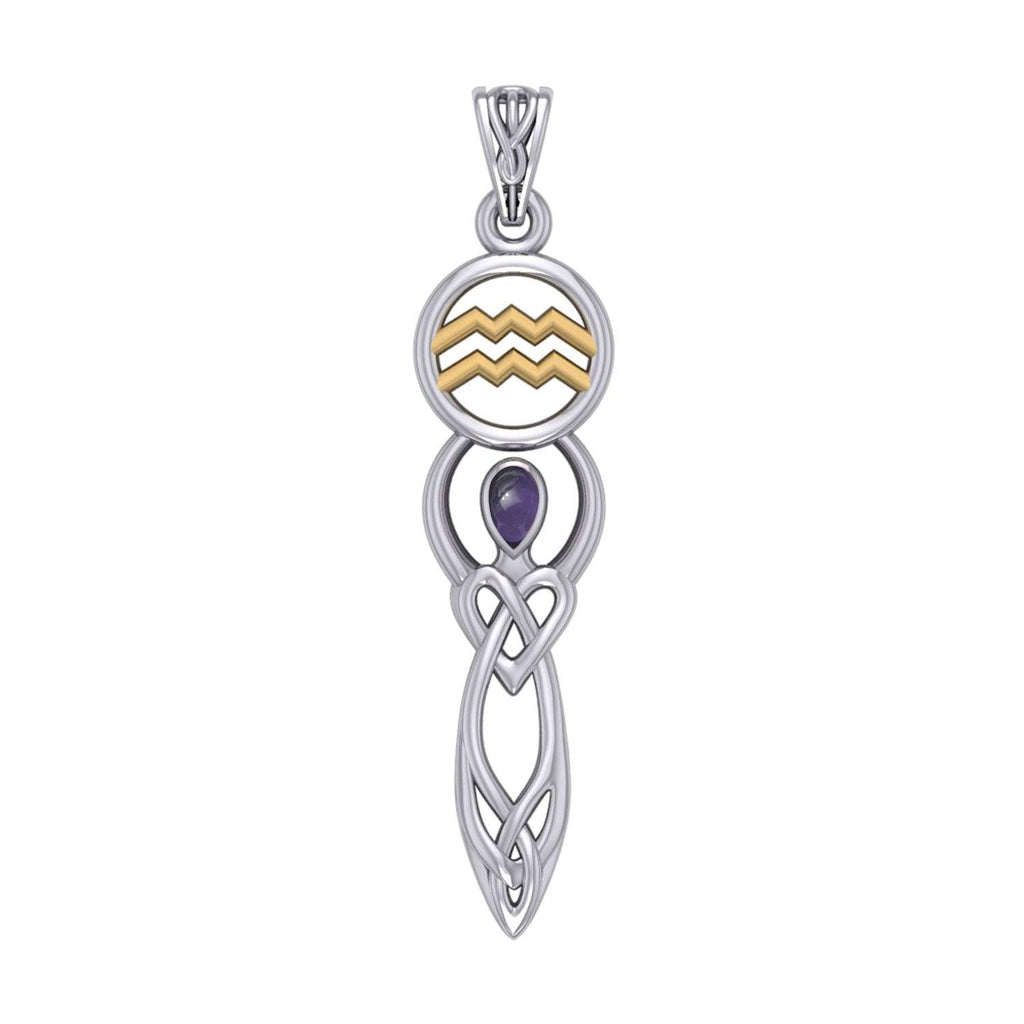 Celtic Goddess Aquarius Astrology Zodiac Sign Silver and Gold Accents Pendant with Garnet