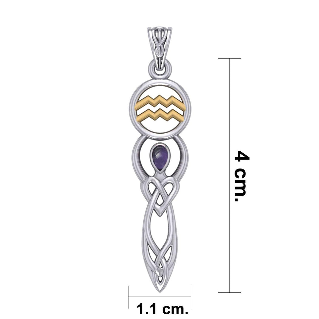 Celtic Goddess Aquarius Astrology Zodiac Sign Silver and Gold Accents Pendant with Garnet
