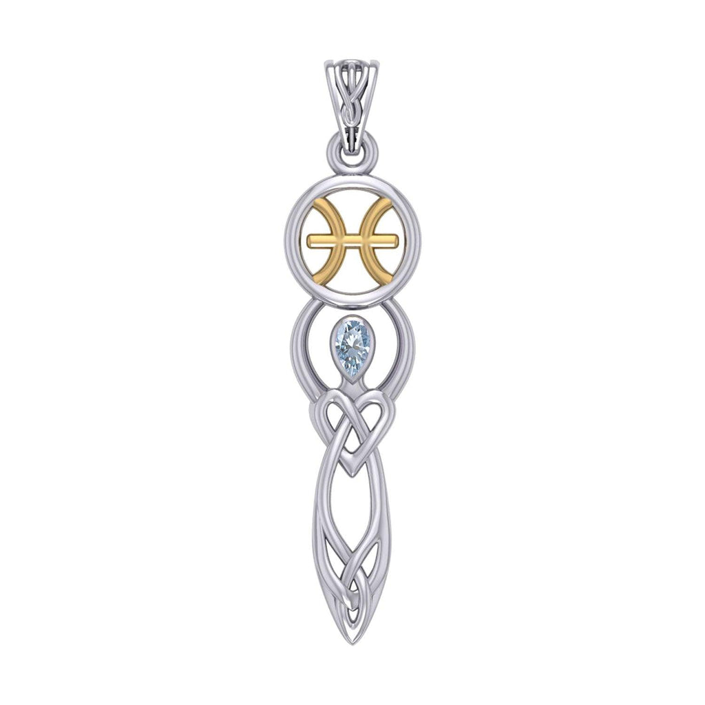Celtic Goddess Pisces Astrology Zodiac Sign Silver and Gold Accents Pendant with Aquamarine