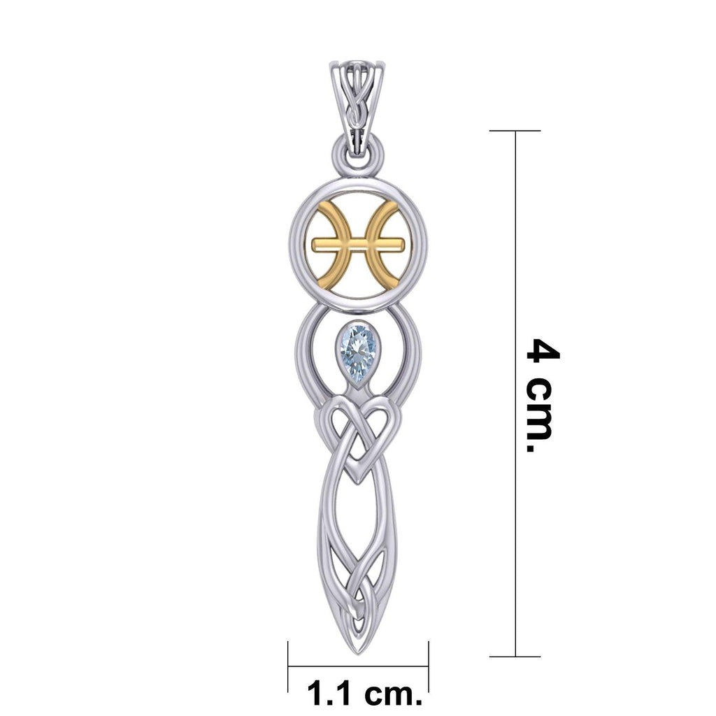 Celtic Goddess Pisces Astrology Zodiac Sign Silver and Gold Accents Pendant with Aquamarine