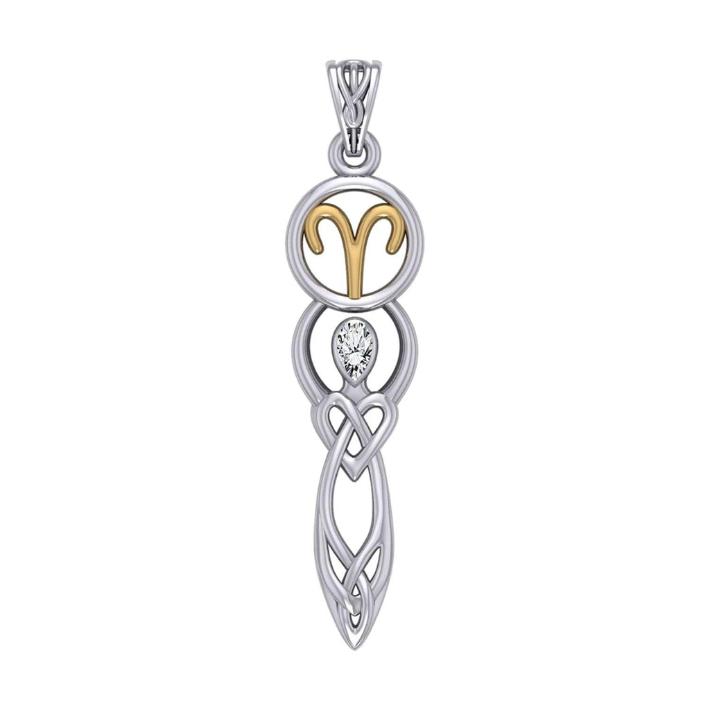 Celtic Goddess Aries Astrology Zodiac Sign Silver and Gold Accents Pendant with White Stone